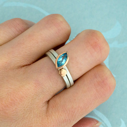 Kate Phipps Jewellery Nugget stacking rings marquise swiss blue topaz set in 9 carat rose gold 9 carat rose gold nugget on silver ring bands model photo 3