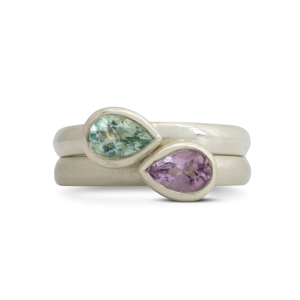Kate Phipps Jewellery Ring set silver amethyst and green beryl pear stacked
