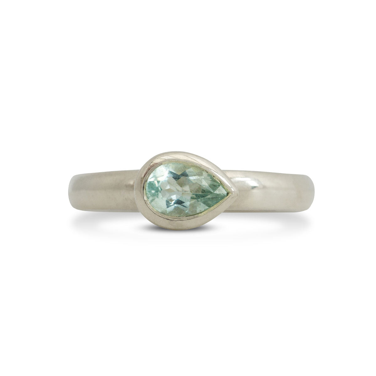 Kate Phipps Jewellery Ring set silver and green beryl pear pointing sideways