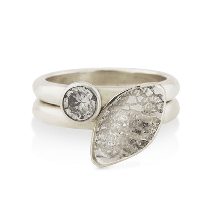 Kate Phipps Jewellery Ring set silver lace textured leaf shape and clear cubic zirconia