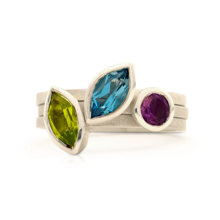 Kate Phipps Jewellery Ring set trio silver with marquise swiss blue topaz marquise peridot and round amethyst