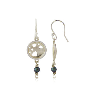 Kate Phipps Jewellery Scattered trillions drop earrings silver and peacock pearl side on product photo