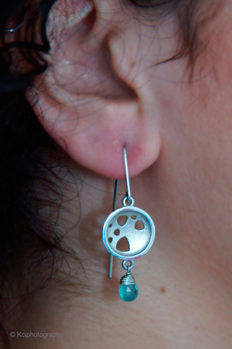 Kate Phipps Jewellery Scattered trillions drop earrings with apatite and silver drops model photo