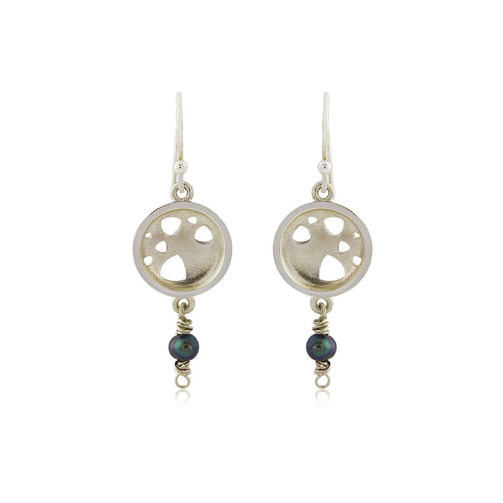 Kate Phipps Jewellery Scattered trillions drop earrrings silver and peacock pearl front on product photo