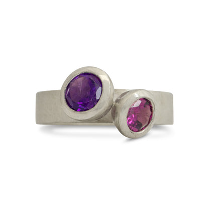 Kate Phipps Jewellery Scattered trillions duo ring silver with round amethyst and rhodolite garnet