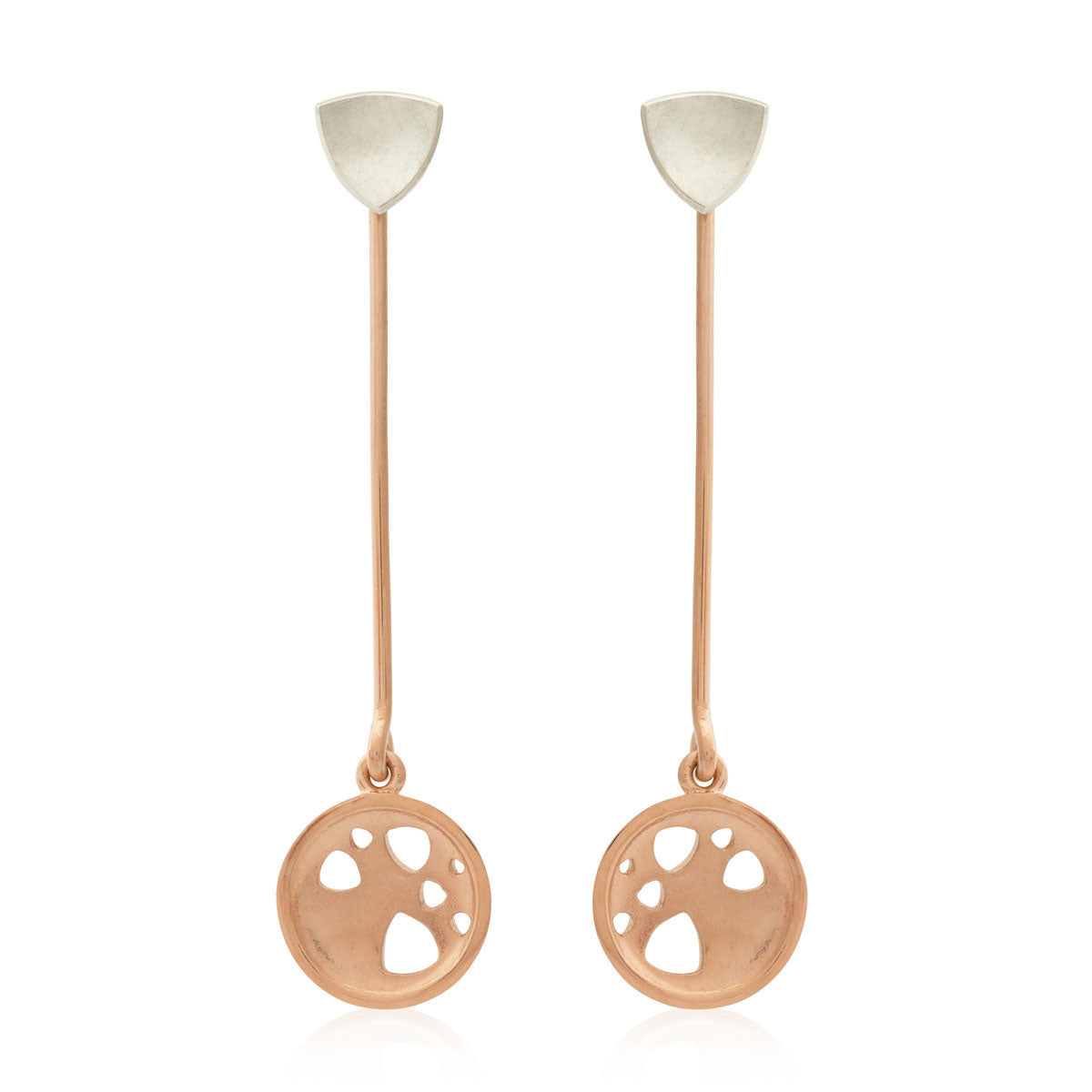 Kate Phipps Jewellery Scattered trillions long drop earrings 18 carat rose gold plated silver and silver trillion studs concave side product photo