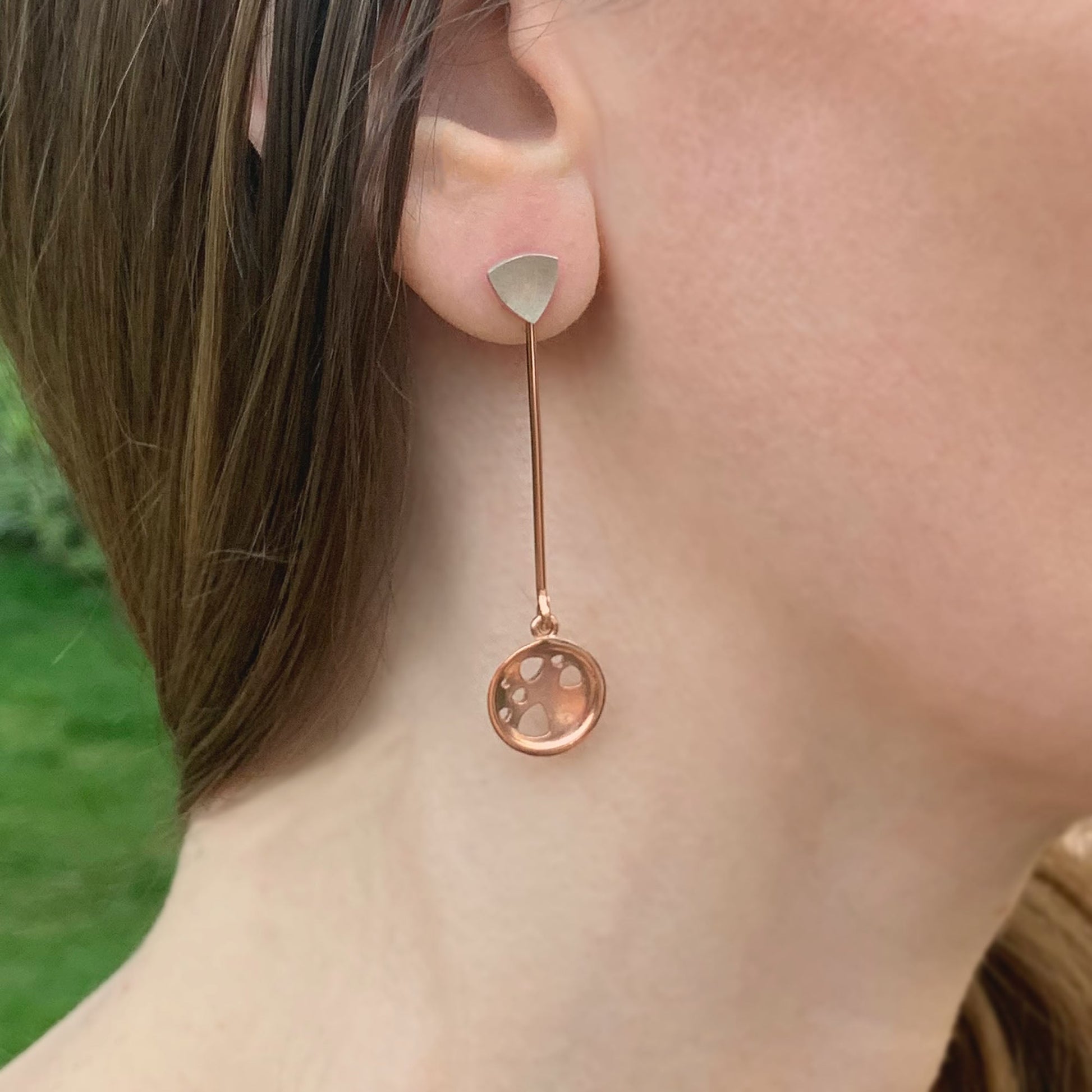 Kate Phipps Jewellery Scattered trillions long drop earrings 18 carat rose gold plated silver drop and silver trillion stud model photo