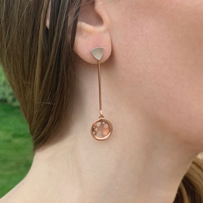 Kate Phipps Jewellery Scattered trillions long drop earrings 18 carat rose gold plated silver drop and silver trillion stud model photo