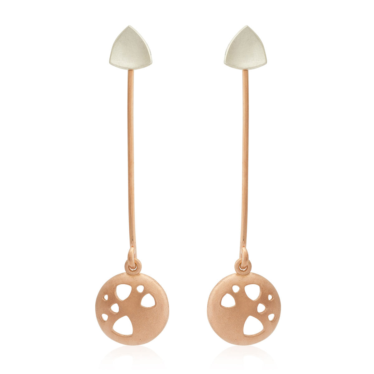 Kate Phipps Jewellery Scattered trillions long drop earrings 18 carat rose gold plated silver drops and silver trillion studs convex sides product photo