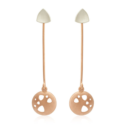 Kate Phipps Jewellery Scattered trillions long drop earrings 18 carat rose gold plated silver drops and silver trillion studs convex sides product photo