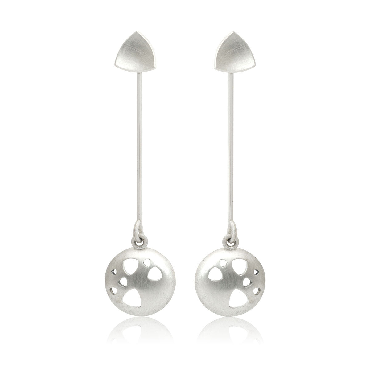 Kate Phipps Jewellery Scattered trillions long drop earrings oxidised silver drops with silver trillion studs convex silver fronts product photo
