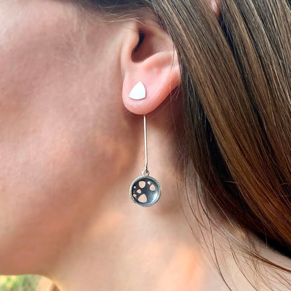 Kate Phipps Jewellery Scattered trillions long drop earrings silver and oxidised silver oxidised side drop behind ear lobe model photo