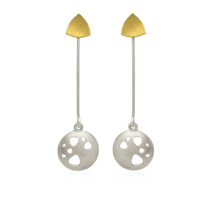Kate Phipps Jewellery Scattered trillions long drop earrings silver dropd with 22 carat yellow gold plated silver trillion studs convex side product photo