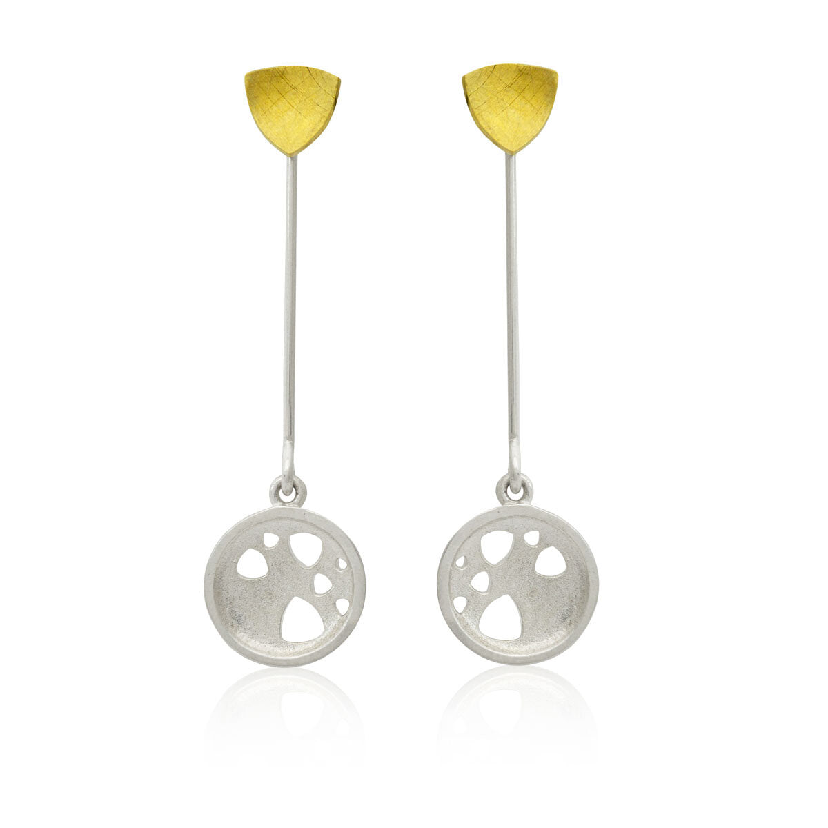 Kate Phipps Jewellery Scattered trillions long drop earrings silver drops with 22 carat yellow gold plated silver trillion studs front on product photo