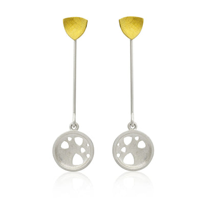 Kate Phipps Jewellery Scattered trillions long drop earrings silver drops with 22 carat yellow gold plated silver trillion studs front on product photo