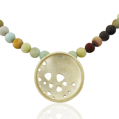 Kate Phipps Jewellery Scattered trillions necklace large silver pendant on frosted amazonite beads close up