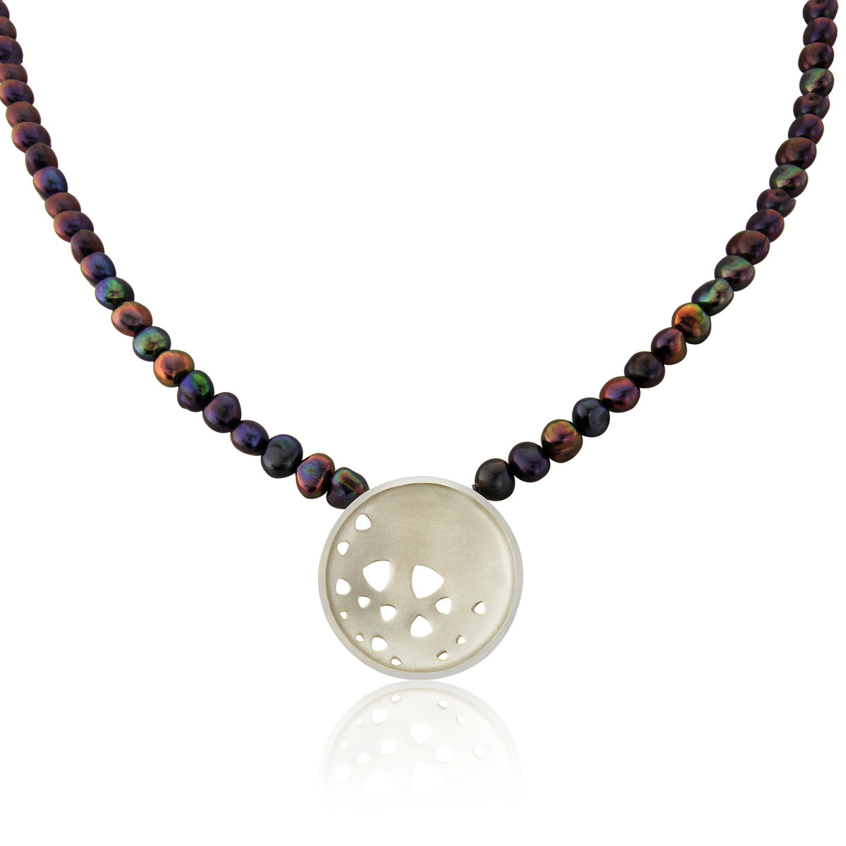 Kate Phipps Jewellery Scattered trillions necklace large silver pendant on peacock pearl beads