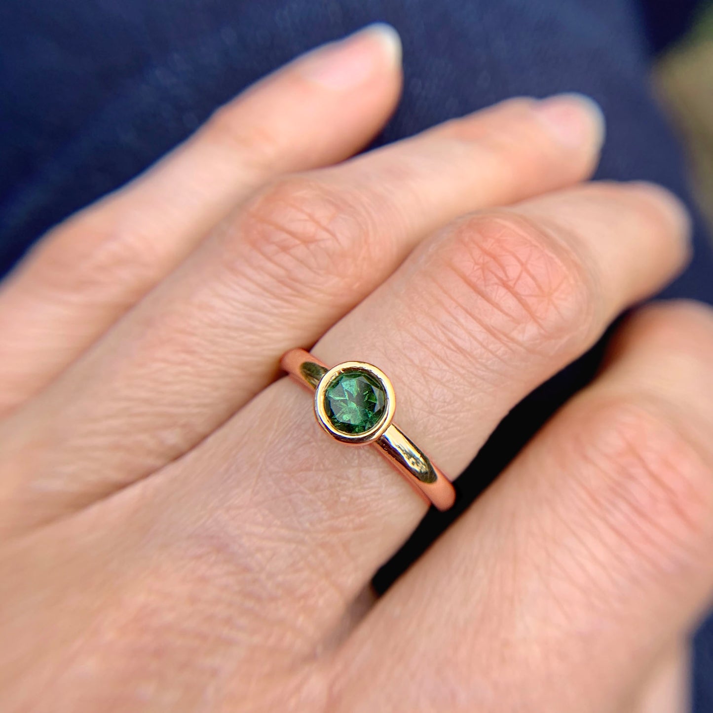 Kate Phipps Jewellery Scattered trillions ring green tourmaline in 9 carat yellow gold model photo 3