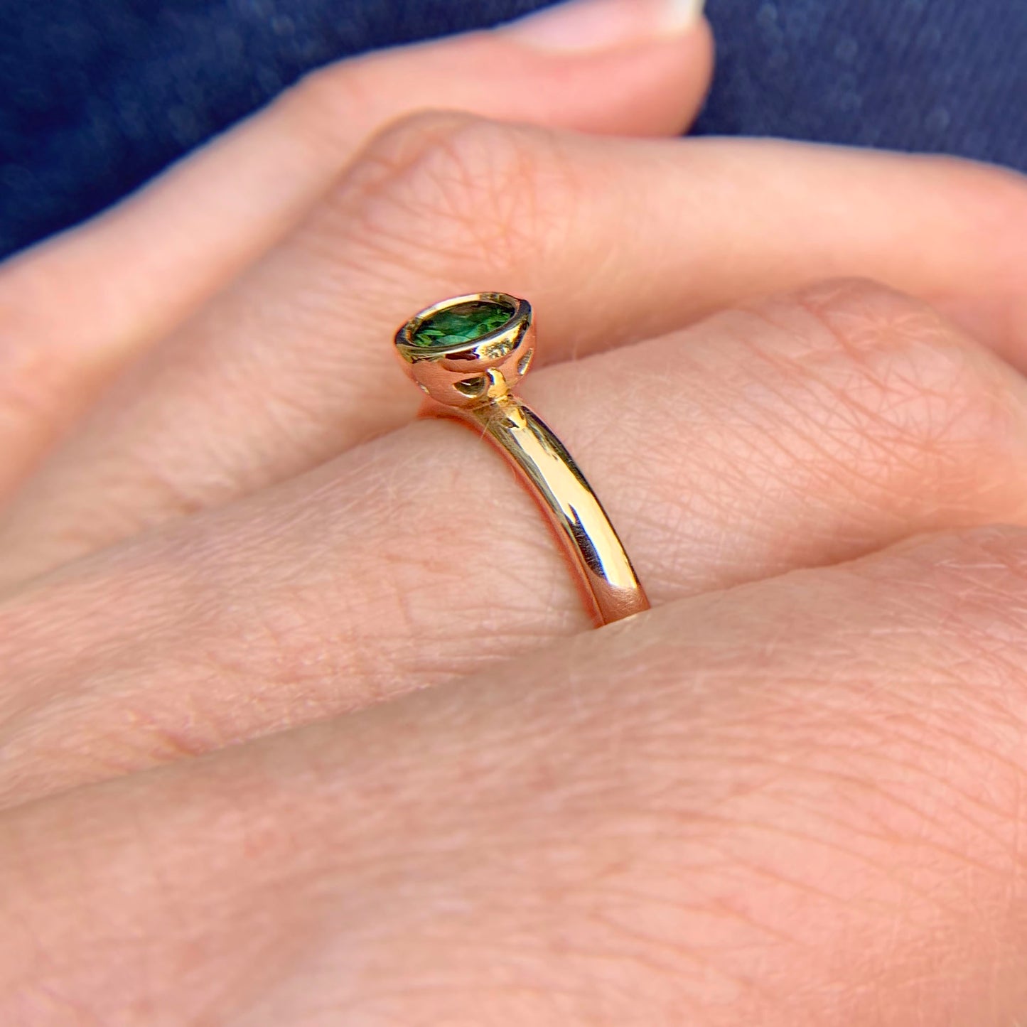 Kate Phipps Jewellery Scattered trillions ring green tourmaline in 9 carat yellow gold model photo 5
