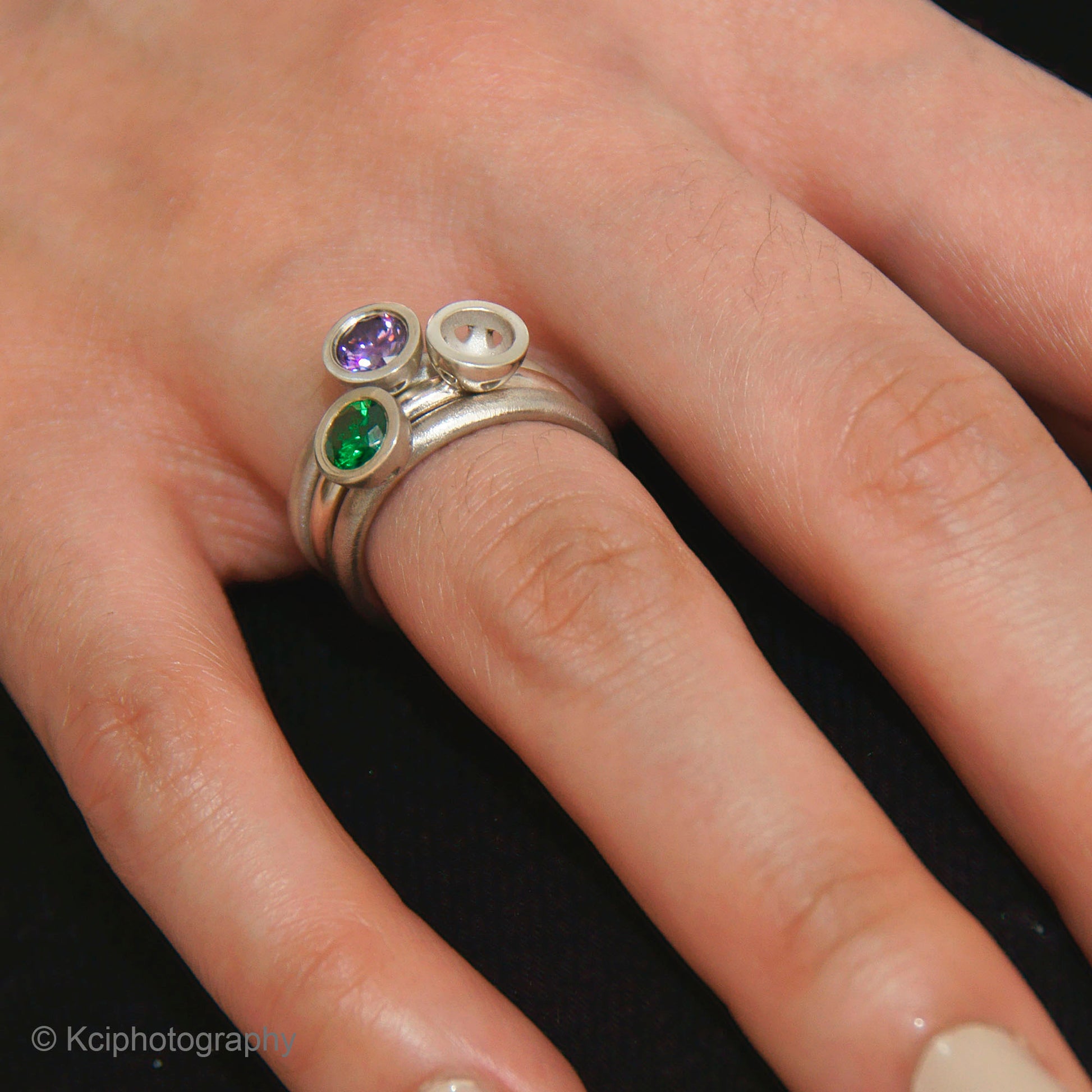 Kate Phipps Jewellery Scattered trillions ring silver with amethyst green cubic zirconia and ring with no stone model  photo  