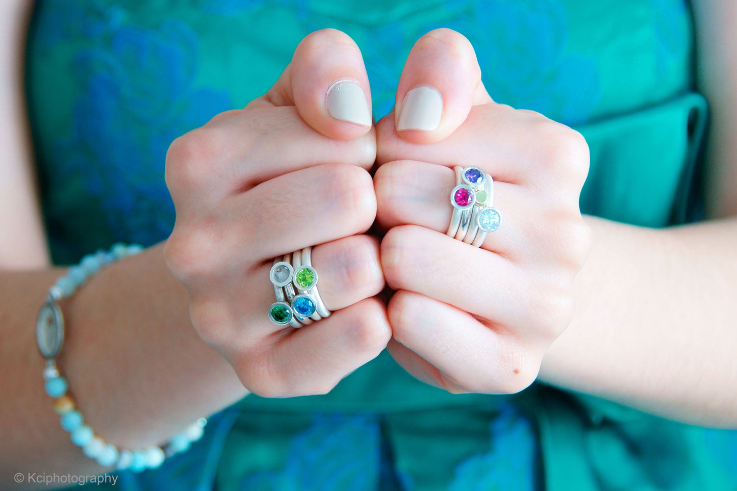 Kate Phipps Jewellery Scattered trillions ring silver with peridot amethyst green cubic zirconia clear cubic zirconia turquoise cubic zirconia synthetic ruby and 18 carat yellow gold