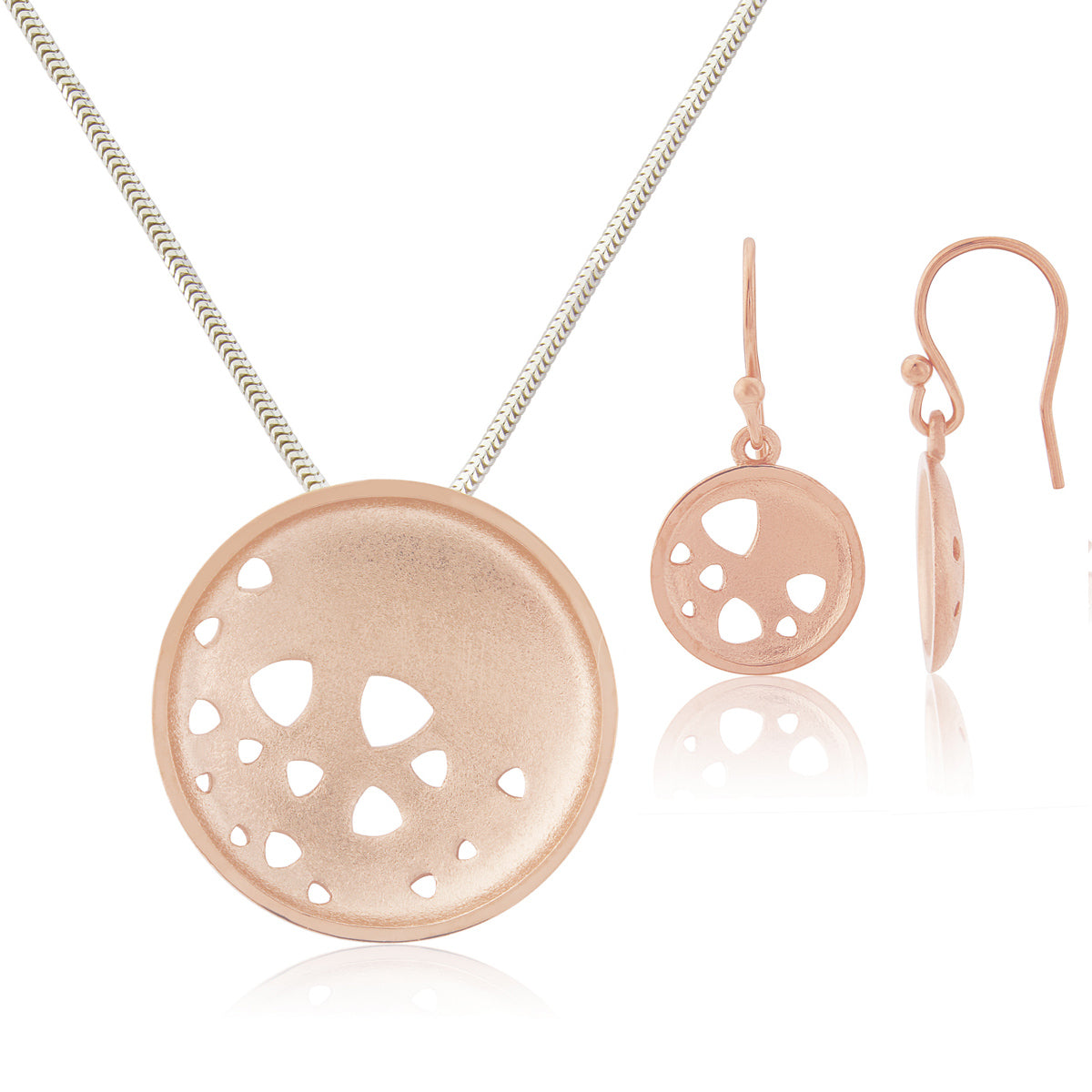 Kate Phipps Jewellery Scattered trillions set 18 carat rose gold plated silver large necklace and drop earrings product photo