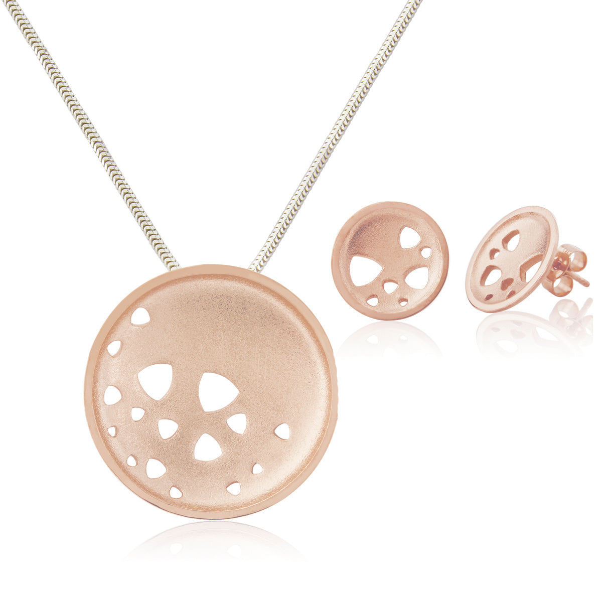 Kate Phipps Jewellery Scattered trillions set 18 carat rose gold plated silver large necklace and stud earrings product photo