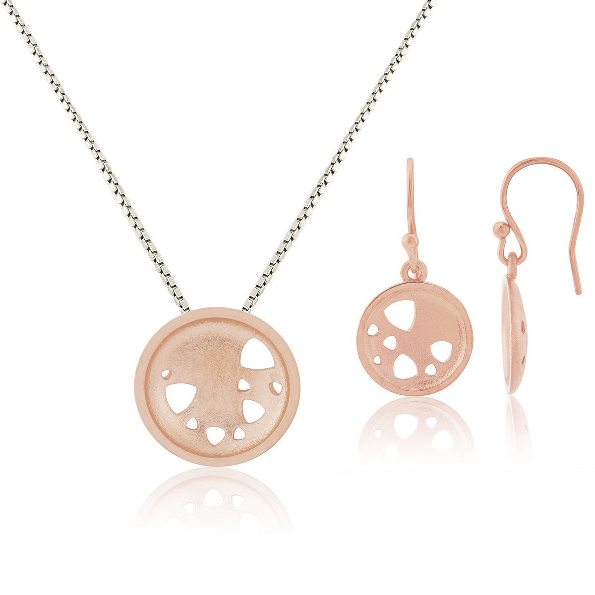 Kate Phipps Jewellery Scattered trillions set 18 carat rose gold plated silver medium necklace and drop earrings product photo