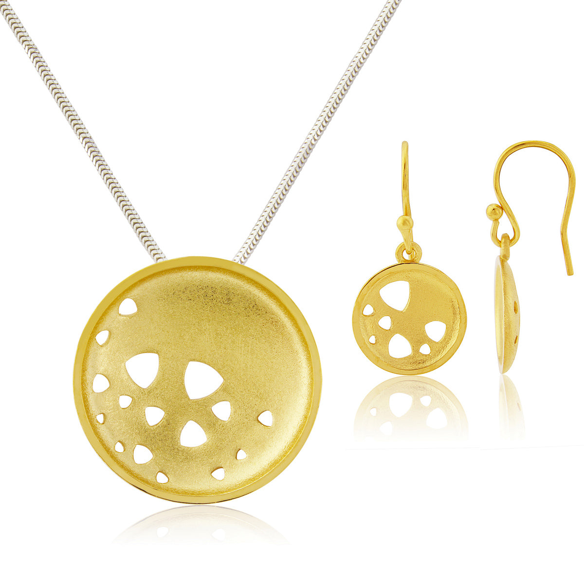 Kate Phipps Jewellery Scattered trillions set 22 carat yellow gold plated silver large necklace with drop earrings product photo