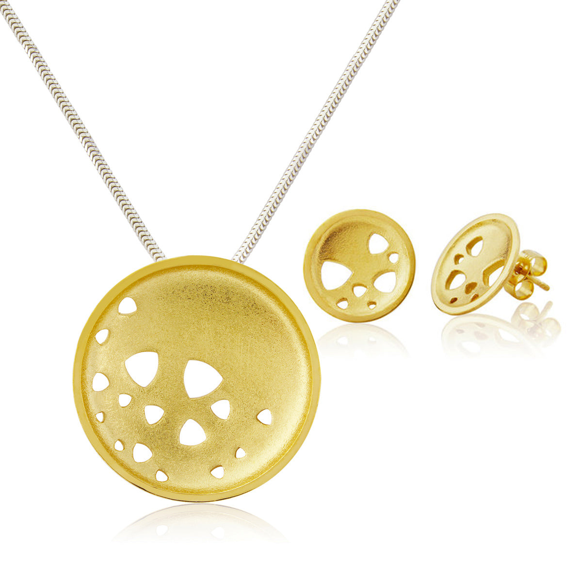Kate Phipps Jewellery Scattered trillions set 22 carat yellow gold plated silver large necklace with stud earrings product photo
