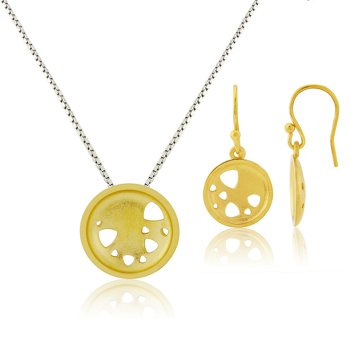Kate Phipps Jewellery Scattered trillions set 22 carat yellow gold plated silver medium necklace with drop earrings product photo