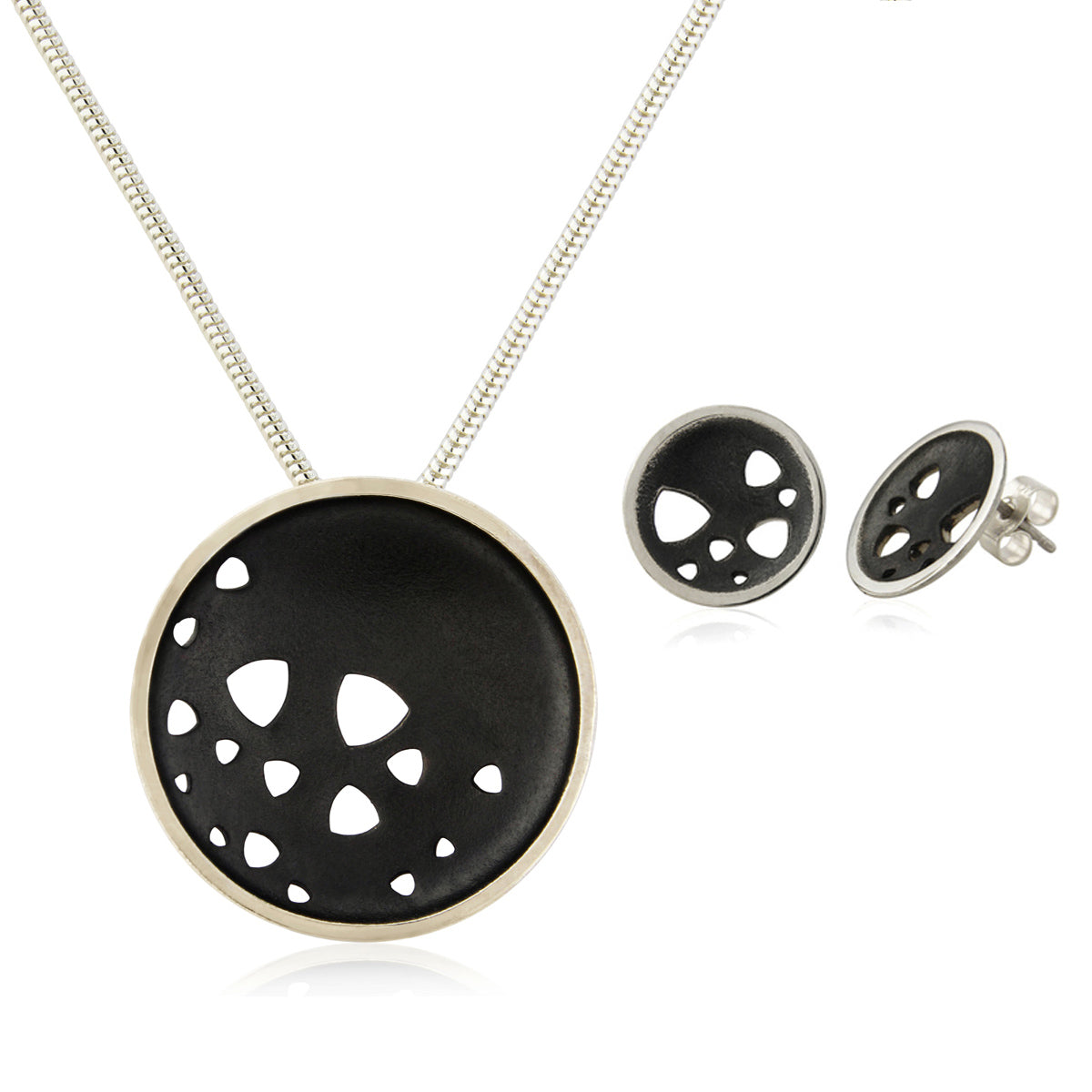 Kate Phipps Jewellery Scattered trillions set oxidised silver large necklace with stud earrings product photo