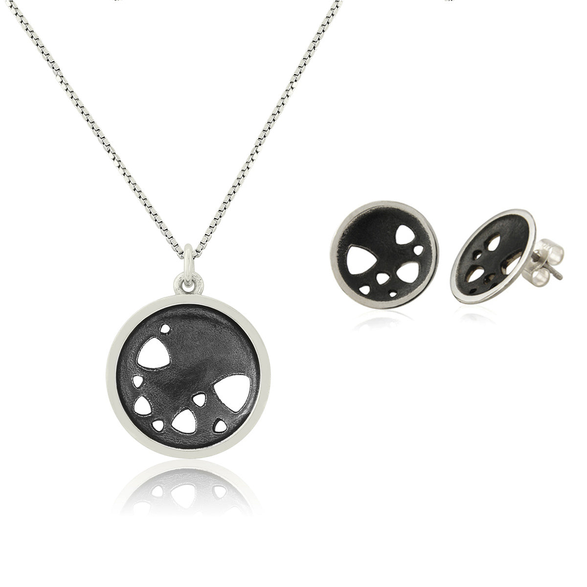 Kate Phipps Jewellery Scattered trillions set reversible medium oxidised silver necklace with stud earrings product photo