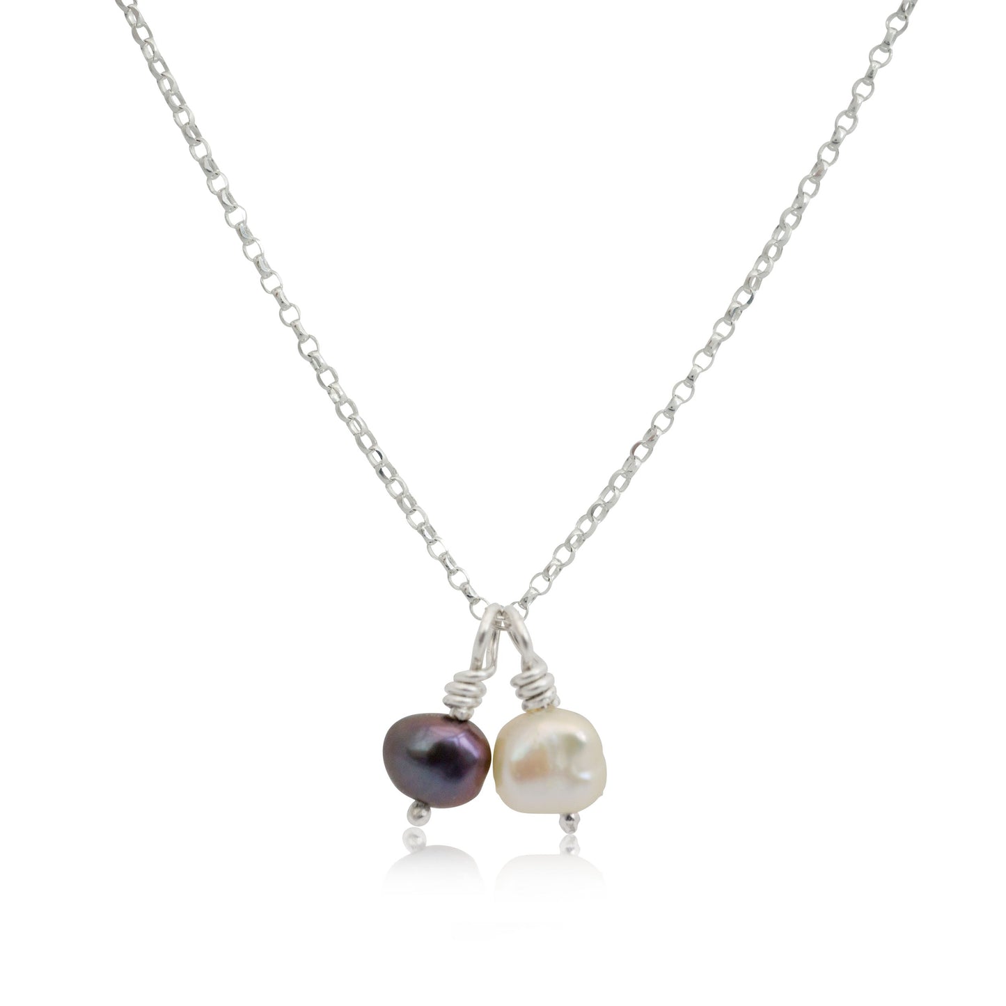 Kate Phipps Jewellery Simple elegance necklace silver with 2 pendants white and peacock pearl on belcher chain