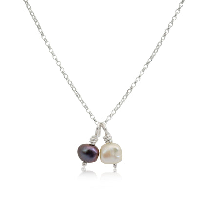 Kate Phipps Jewellery Simple elegance necklace silver with 2 pendants white and peacock pearl on belcher chain