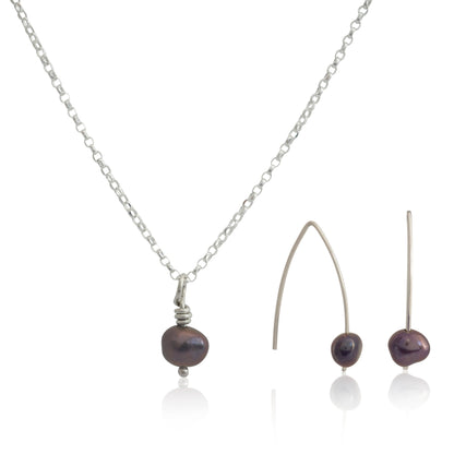 Kate Phipps Jewellery Simple elegance set peacock pearl and silver drop earrings and pendant on silver diamond cut belcher chain