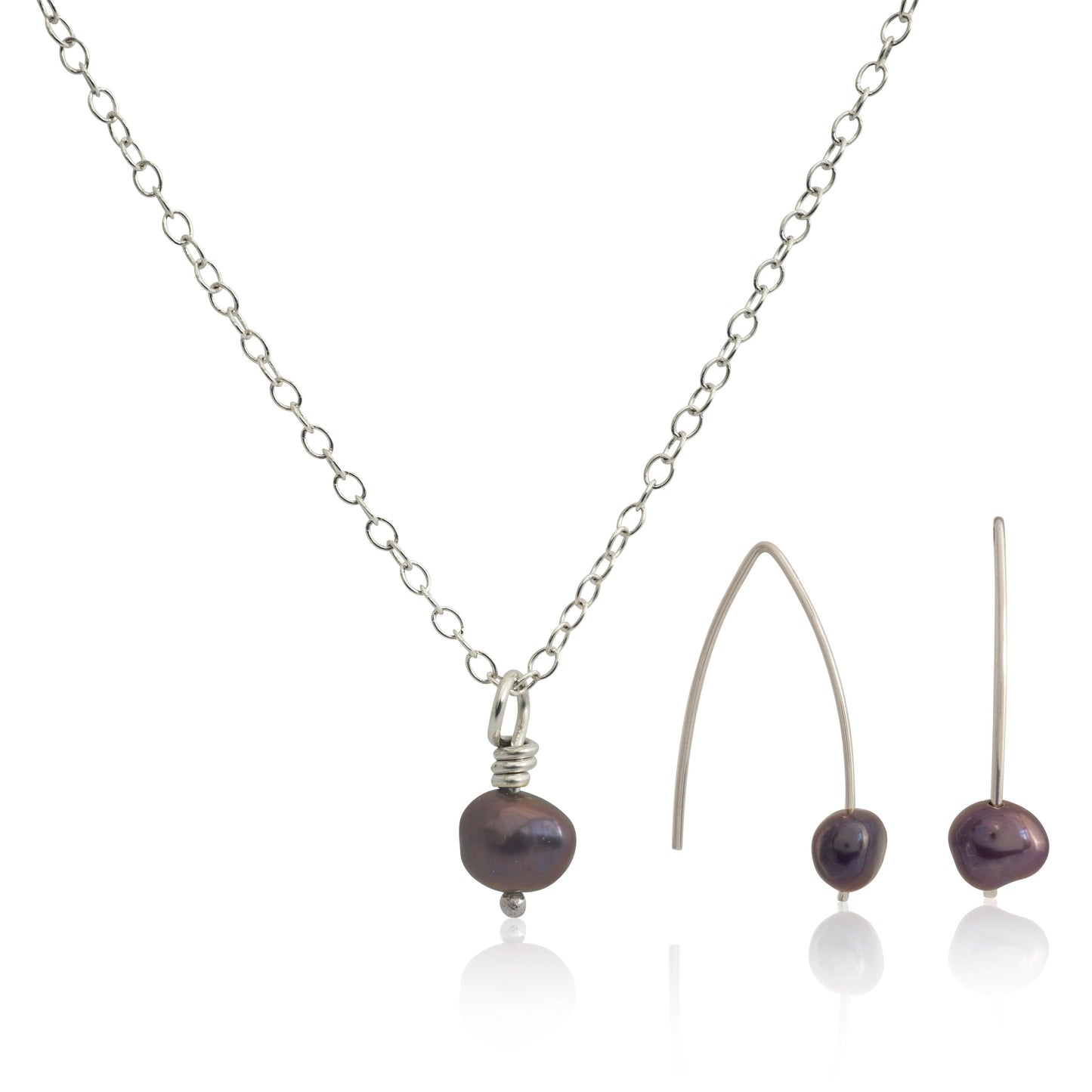 Kate Phipps Jewellery Simple elegance set peacock pearl and silver drop earrings and silver trace chain
