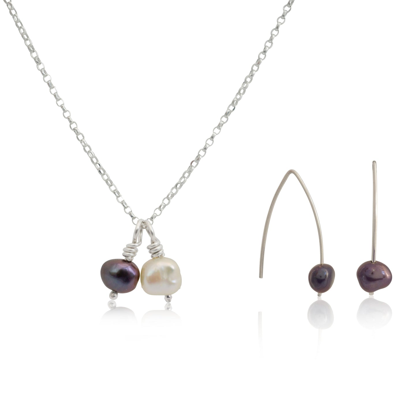 Kate Phipps Jewellery Simple elegance set peacock pearl drop earrings and silver with 2 pendants on silver diamond cut belcher chain