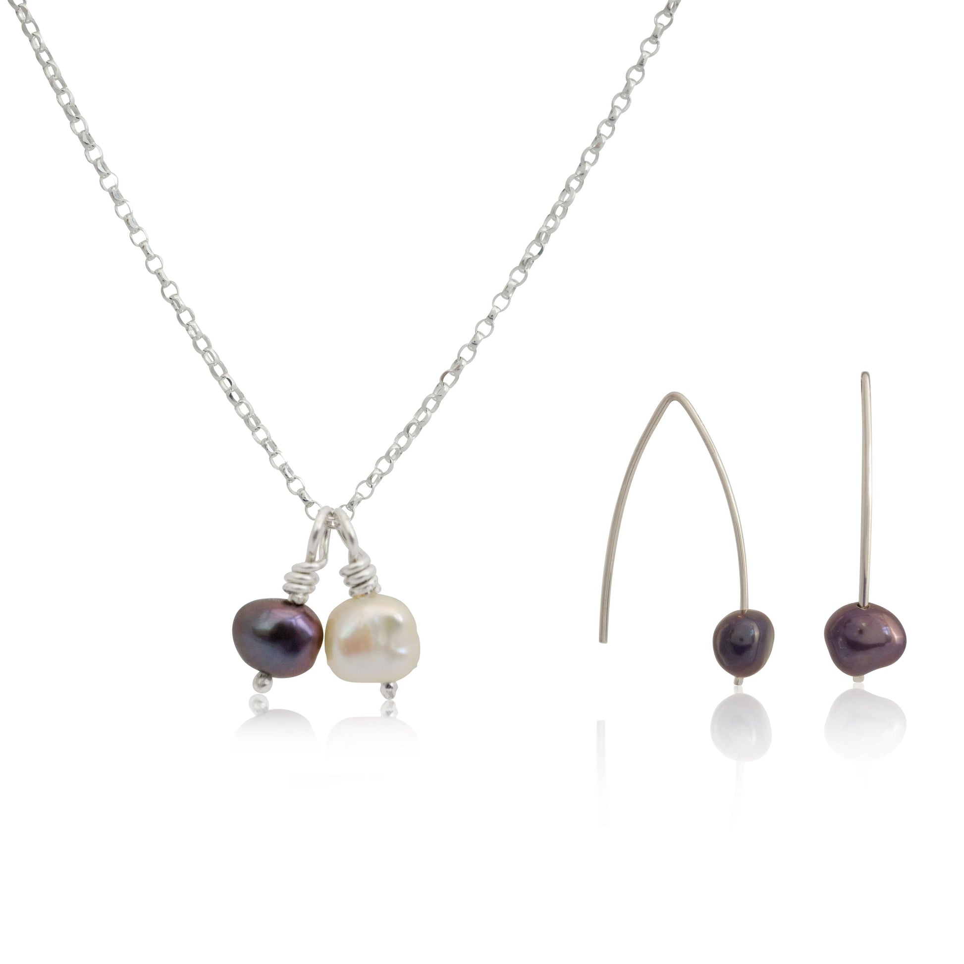Kate Phipps Jewellery Simple elegance set peacock pearl drop earrings and silver with 2 pendants on silver diamond cut belcher chain