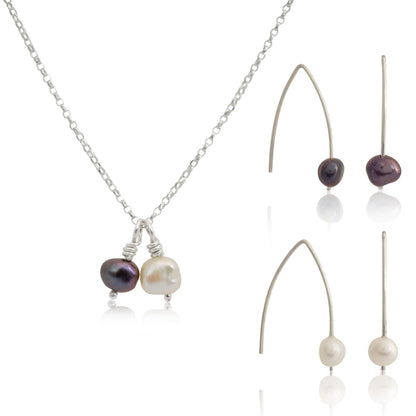 Kate Phipps Jewellery Simple elegance set two pairs drop earrings white and peacock pearl and silver with 2 pendants on silver diamond cut belcher chain