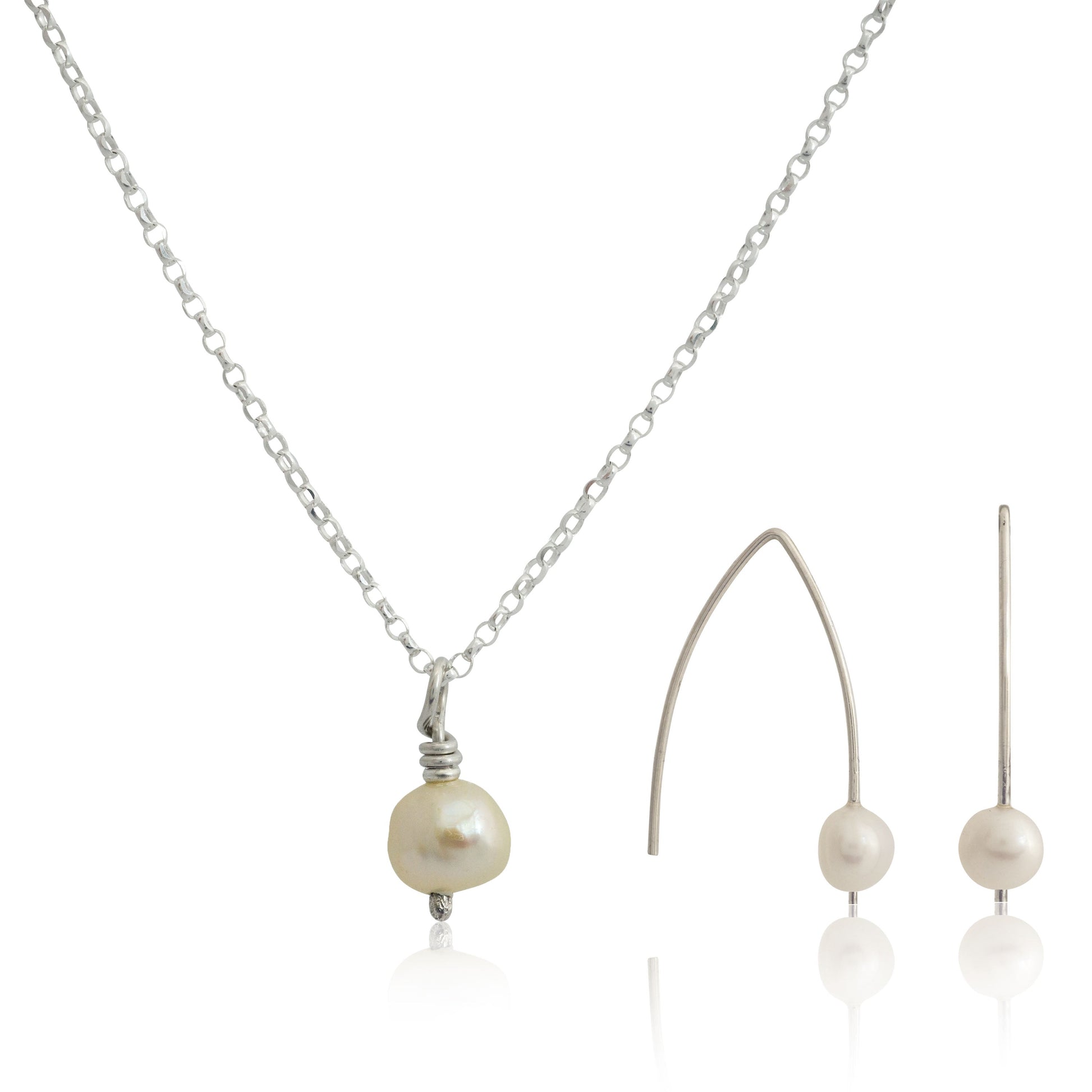 Kate Phipps Jewellery Simple elegance set white pearl and silver drop earrings and pendant on silver diamond cut belcher chain