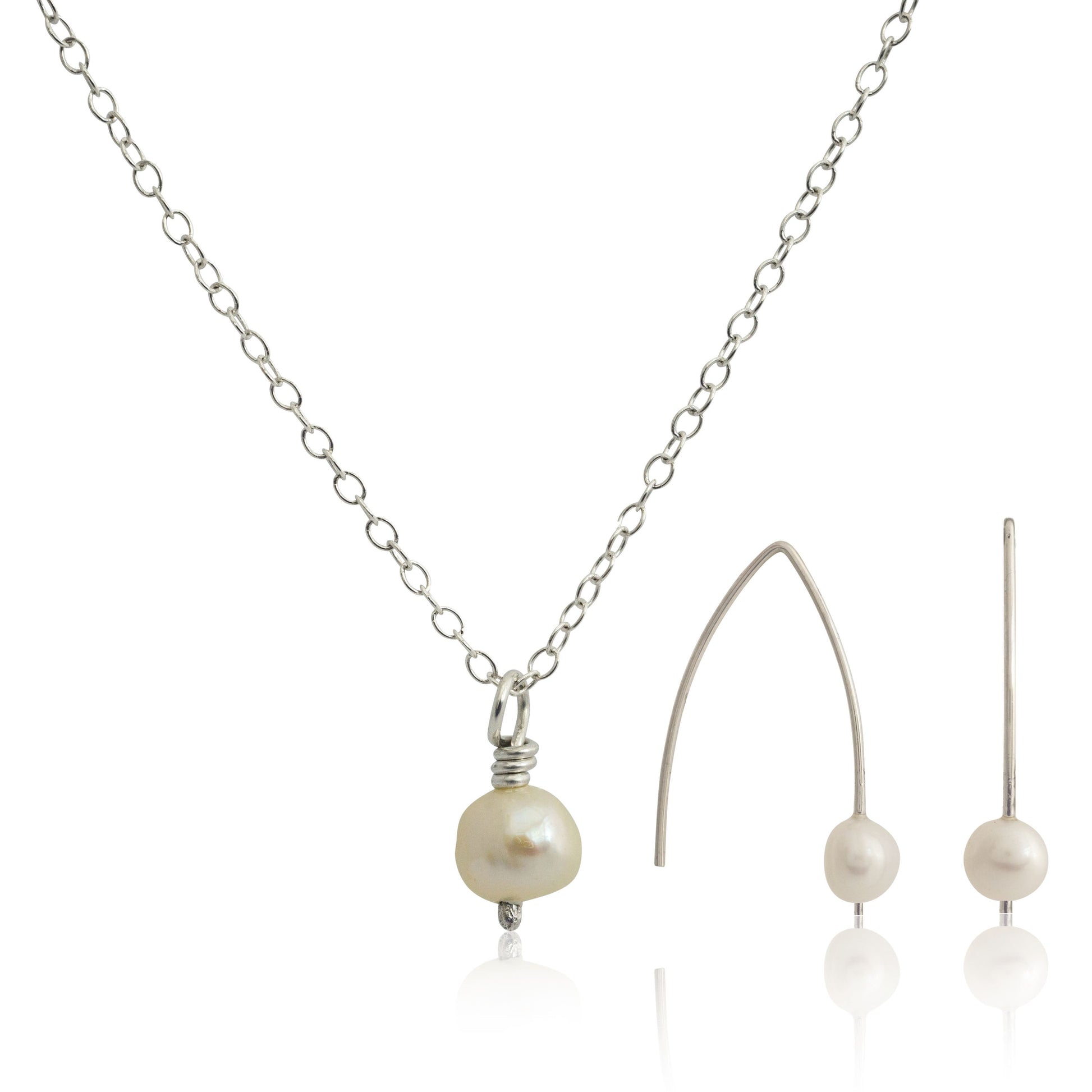 Kate Phipps Jewellery Simple elegance set white pearl and silver drop earrings and silver trace chain