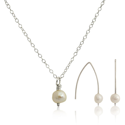 Kate Phipps Jewellery Simple elegance set white pearl and silver drop earrings and silver trace chain