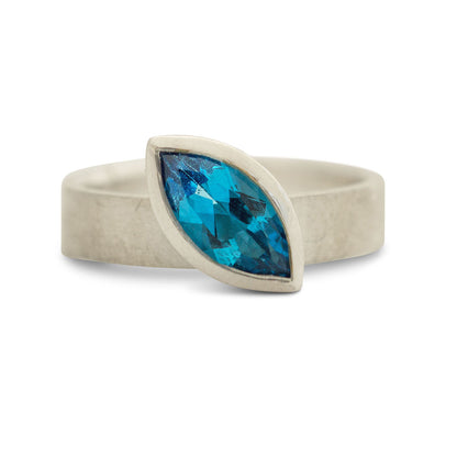 Kate Phipps Jewellery Solitaire ring 10 x 5 mm marquise cut Swiss blue topaz offset silver ring