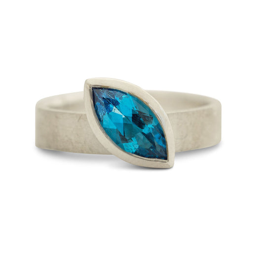 Kate Phipps Jewellery Solitaire ring 10 x 5 mm marquise cut Swiss blue topaz offset silver ring