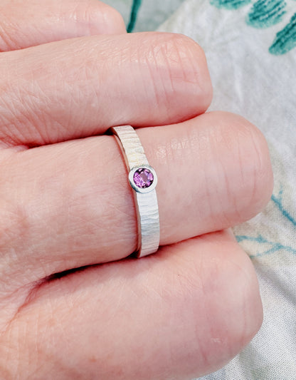 Pink tourmaline and textured silver solitaire ring - size O to O 1/2
