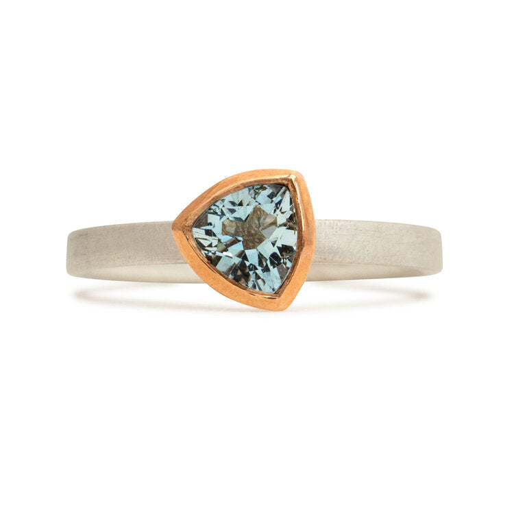 Kate Phipps Jewellery Solitaire ring 5mm Trillion cut aquamarine 9 carat rose gold silver