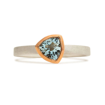 Kate Phipps Jewellery Solitaire ring 5mm Trillion cut aquamarine 9 carat rose gold silver