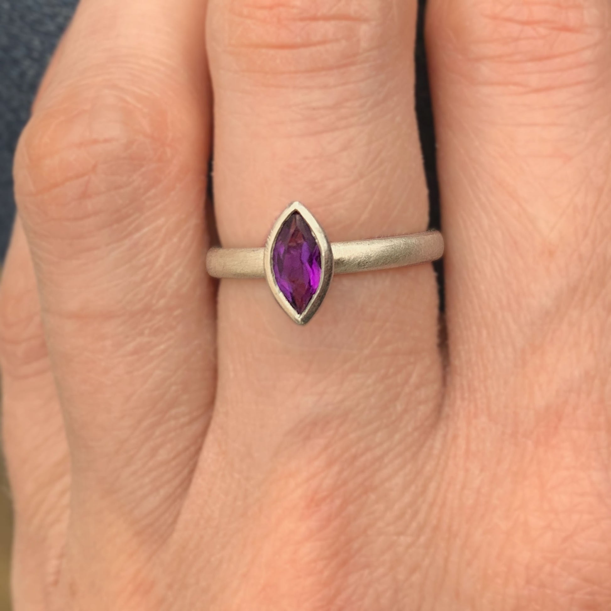 Kate Phipps Jewellery Solitaire ring marquise amethyst and silver set straight model photo