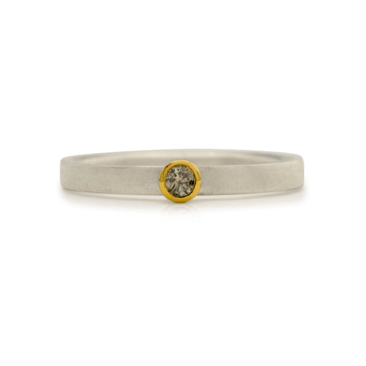 Kate Phipps Jewellery Solitaire ring salt and pepper diamond 18 carat yellow gold and silver